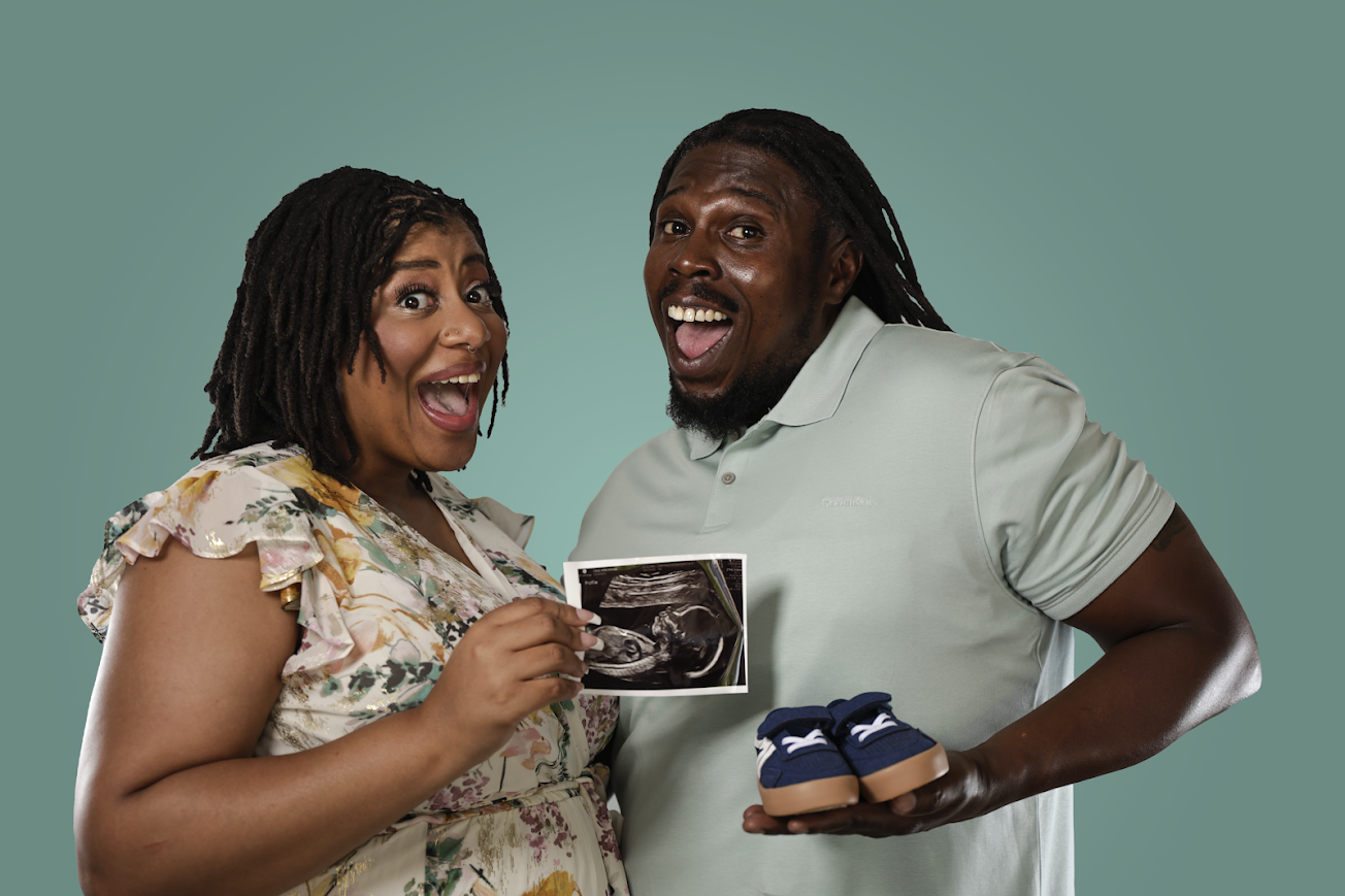 Joyful pregnancy announcement portrait